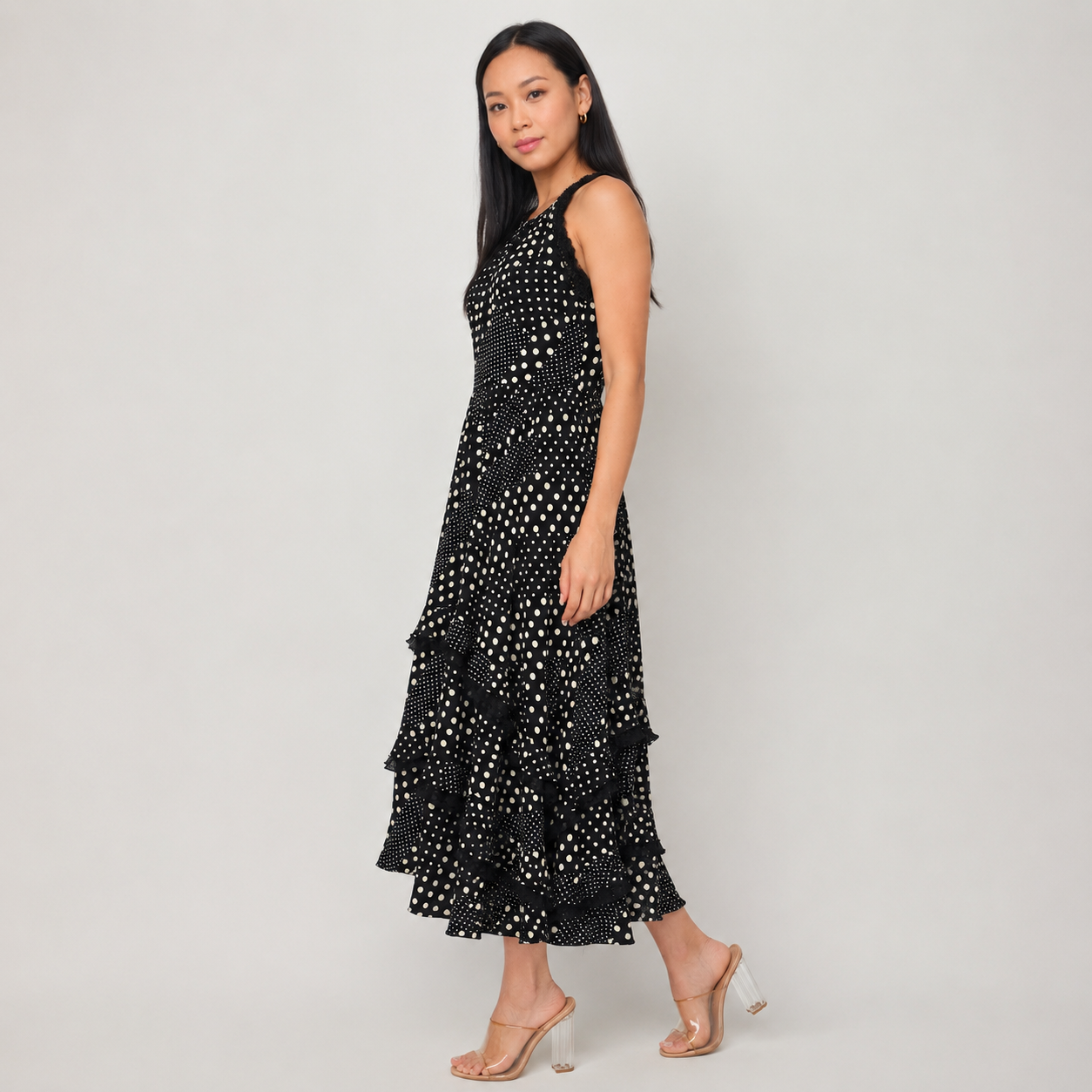 Polka Dot Sleeveless Tiered Midi Dress