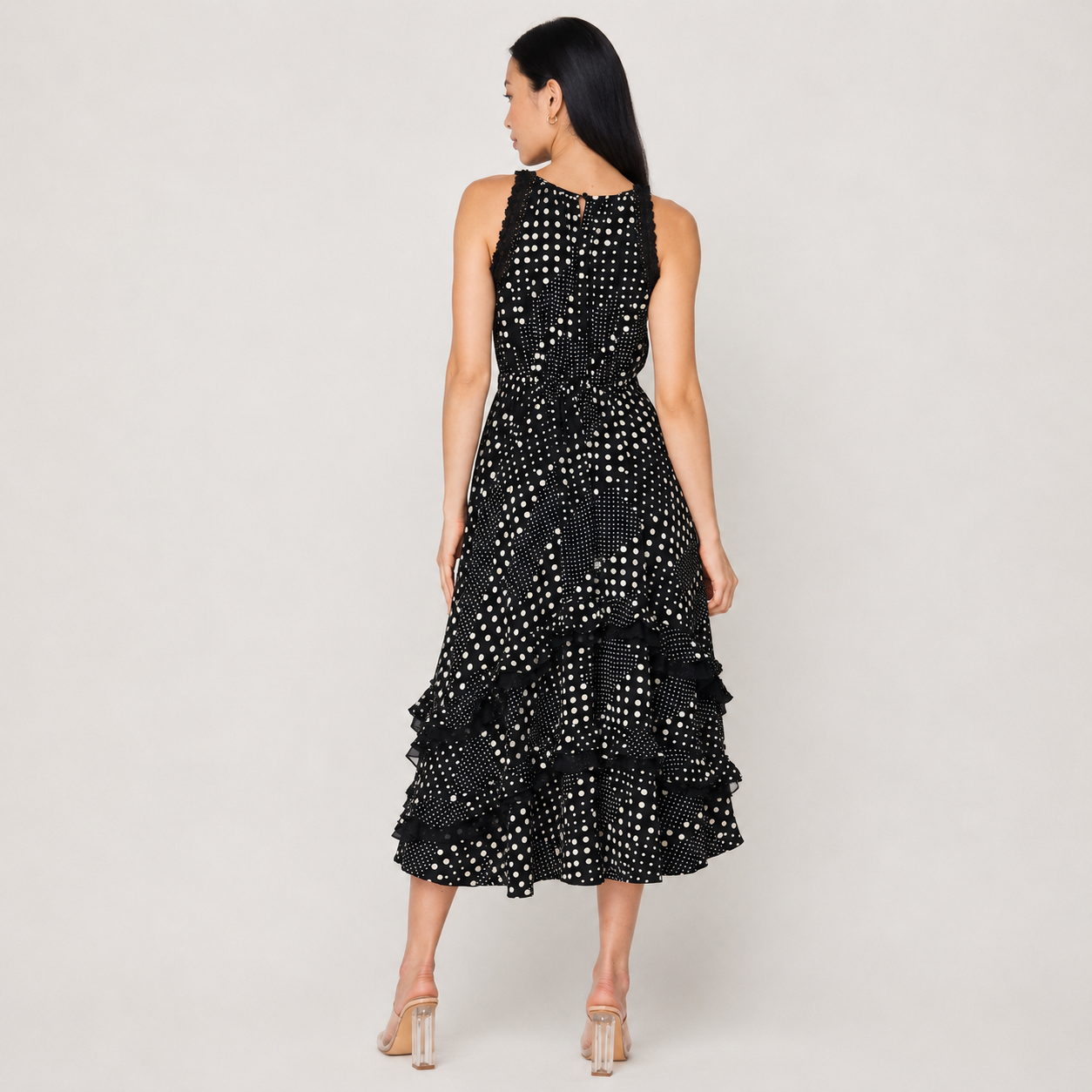 Polka Dot Sleeveless Tiered Midi Dress