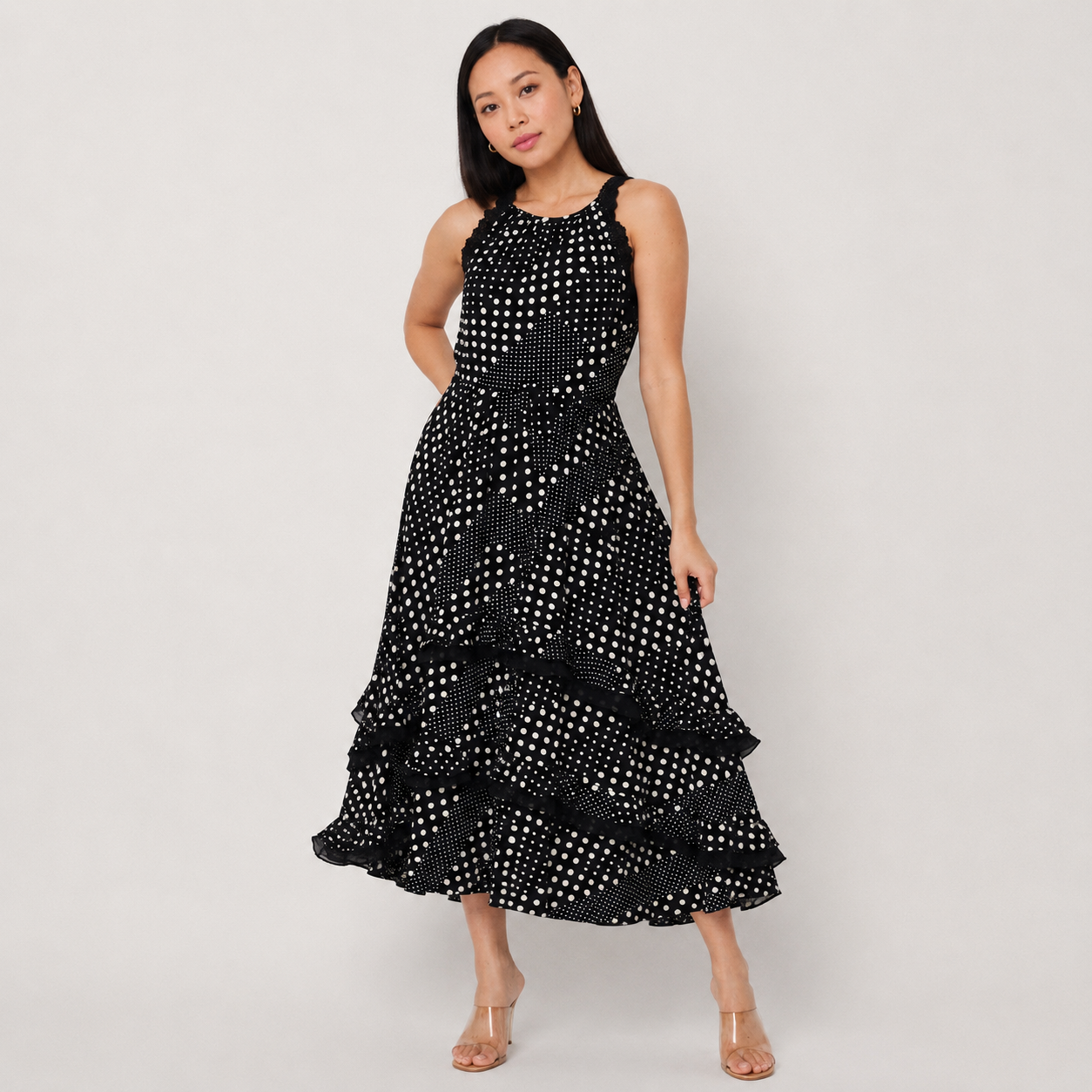 Polka Dot Sleeveless Tiered Midi Dress