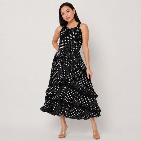 Polka Dot Sleeveless Tiered Midi Dress