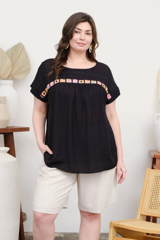 Black Crochet Details Short Sleeve Top