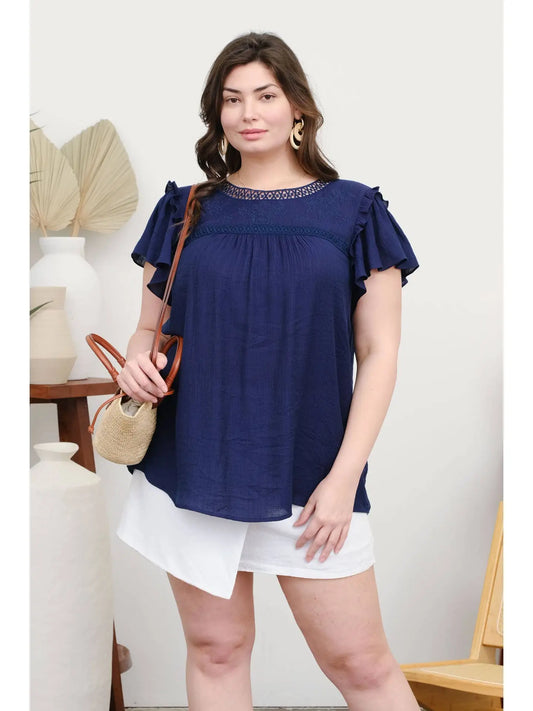 Navy Crochet Details Ruffled Sleeves Top