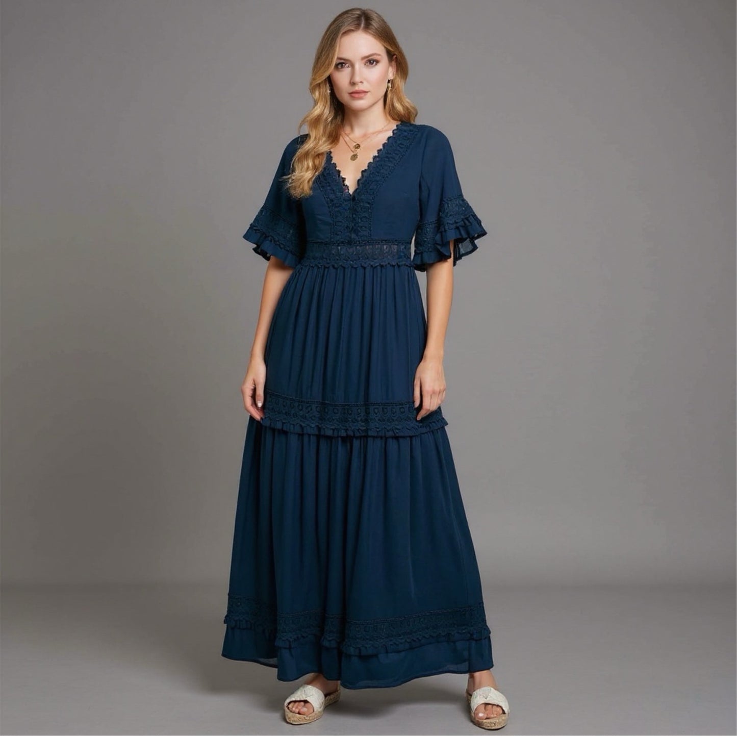 Navy V-Neck Lace Trim Maxi Dress