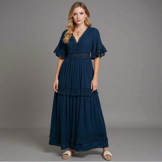 Navy V-Neck Lace Trim Maxi Dress