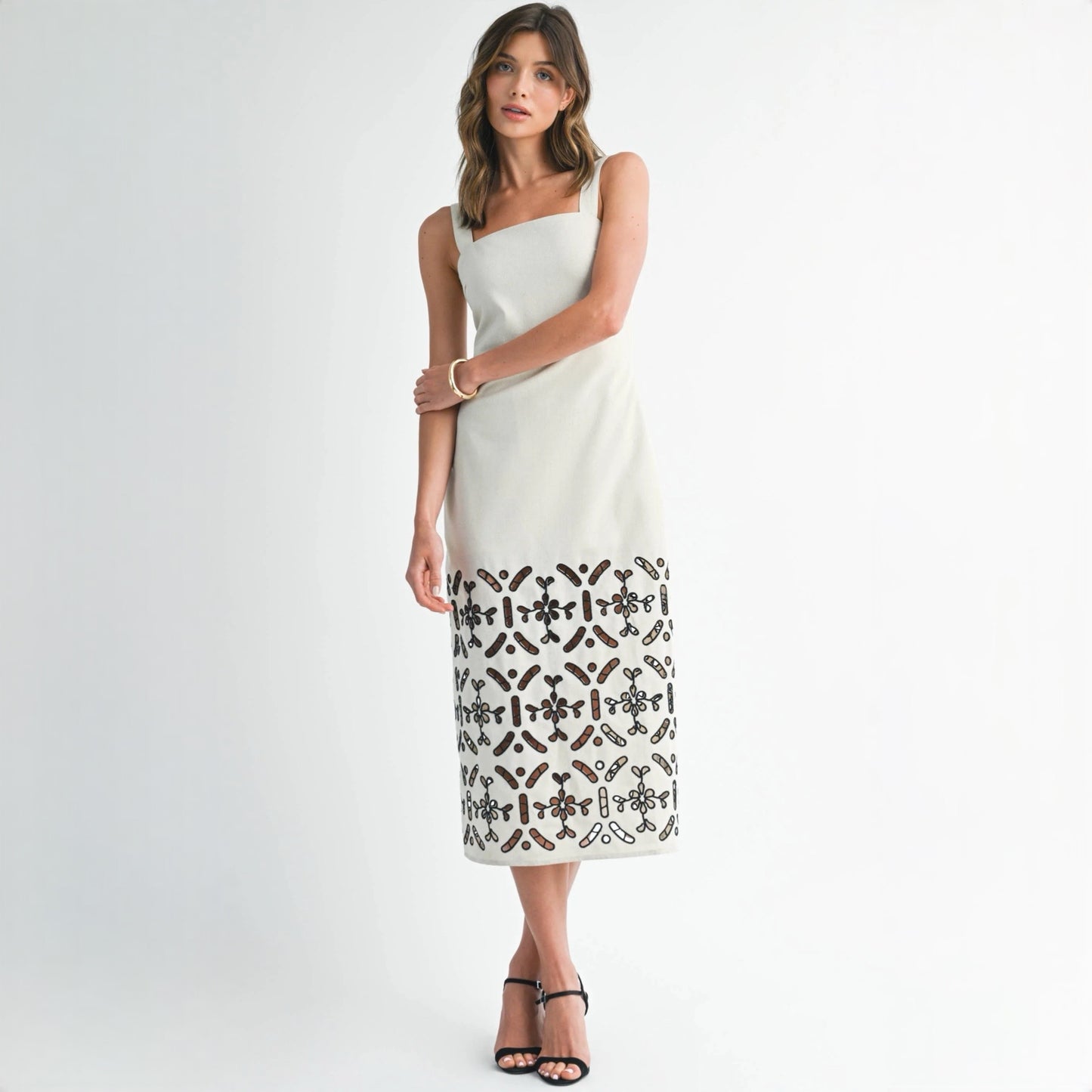 Linen Shift Dress with Embroidery