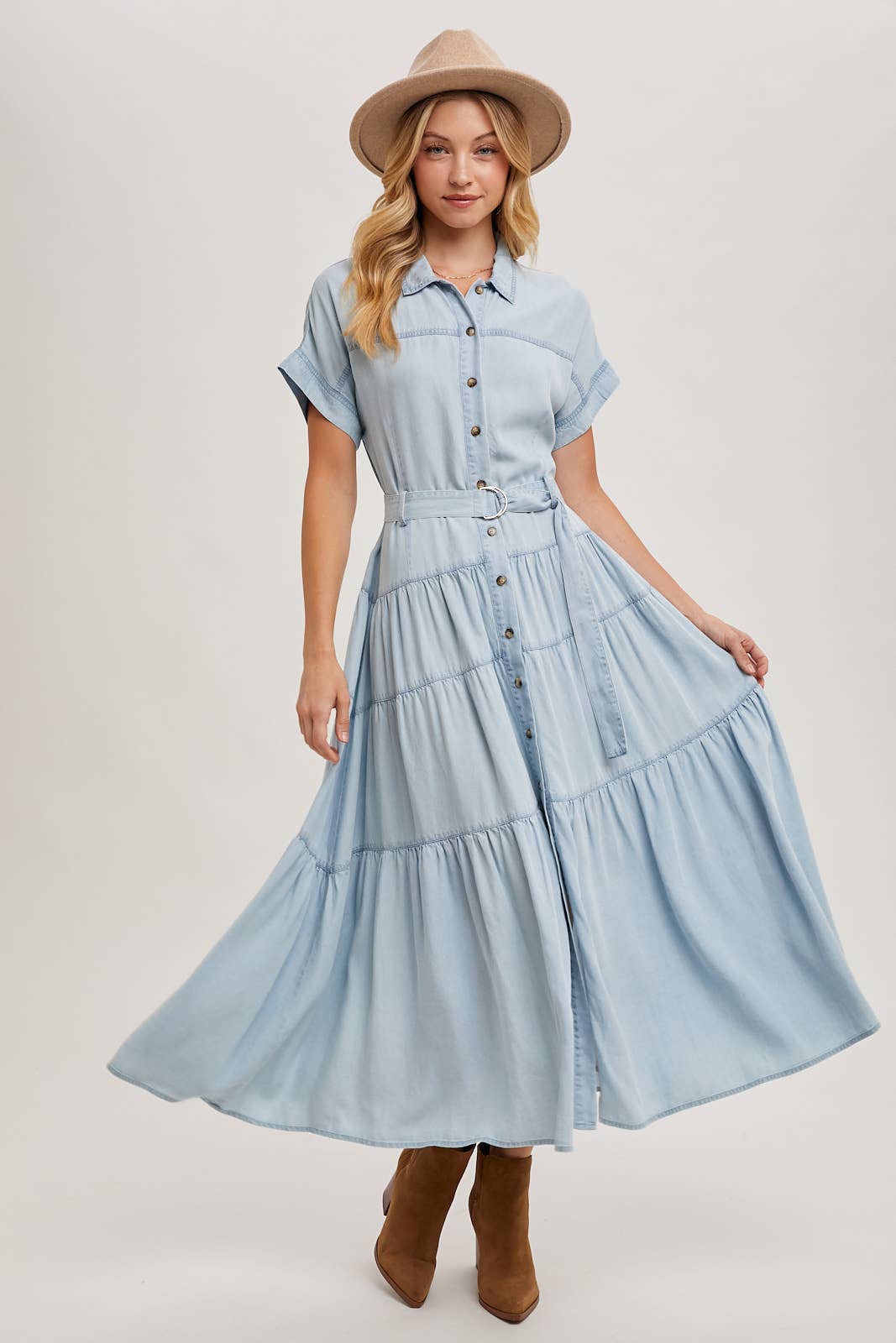 Light Wash Denim Button Front Maxi Dress