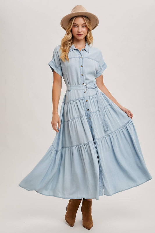 Light Wash Denim Button Front Maxi Dress