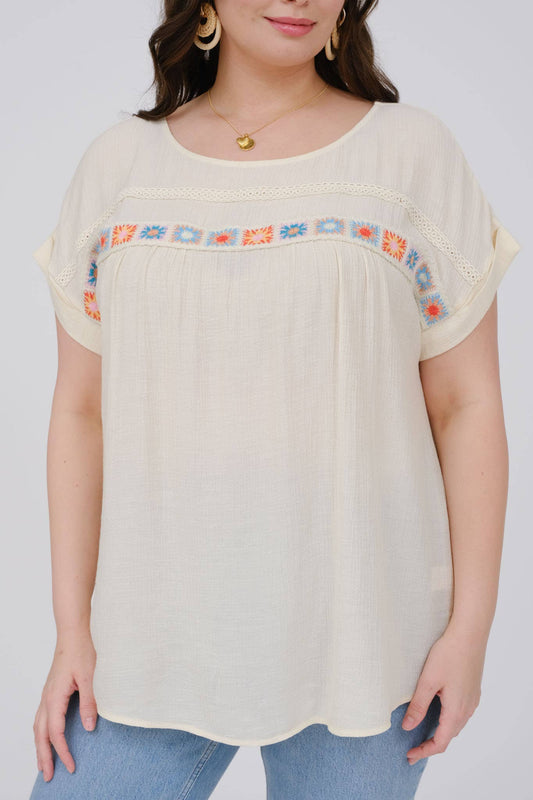 Off White Crochet Details Short Sleeve Top