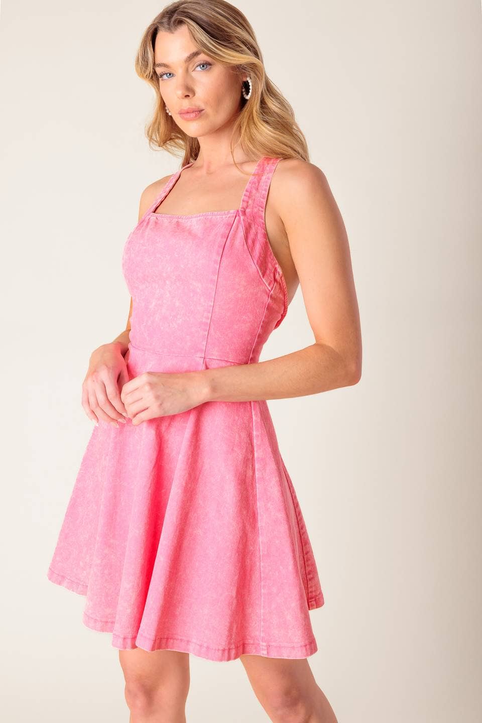 Pink Acid Wash Denim Mini Dress
