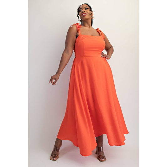 Orange Plus Size Tie Shoulder Woven Midi Dress