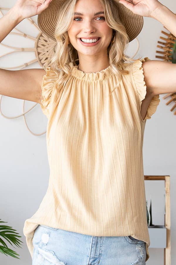 Solid Rib Shirred Neck Ruffle Cap Sleeve Top