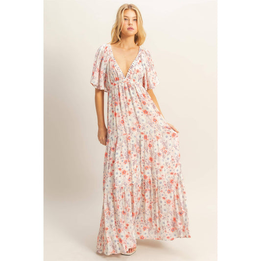 Floral V-Neck Flowy Tiered Maxi Dress