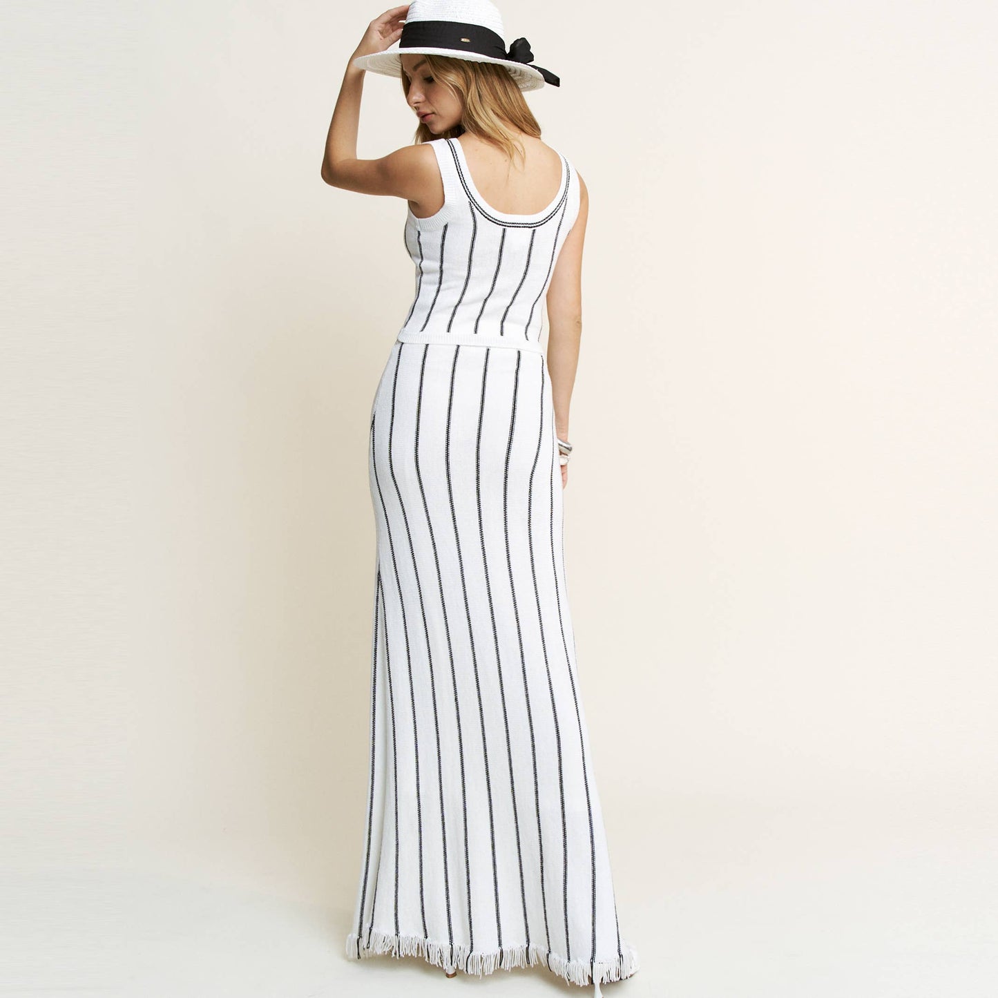 Striped Knit Top and Fringe Maxi Skirt