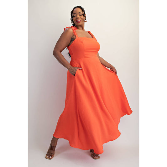 Orange Plus Size Tie Shoulder Woven Midi Dress