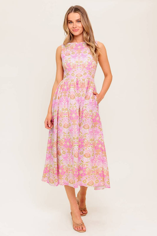 Pink Floral Print Midi Dress