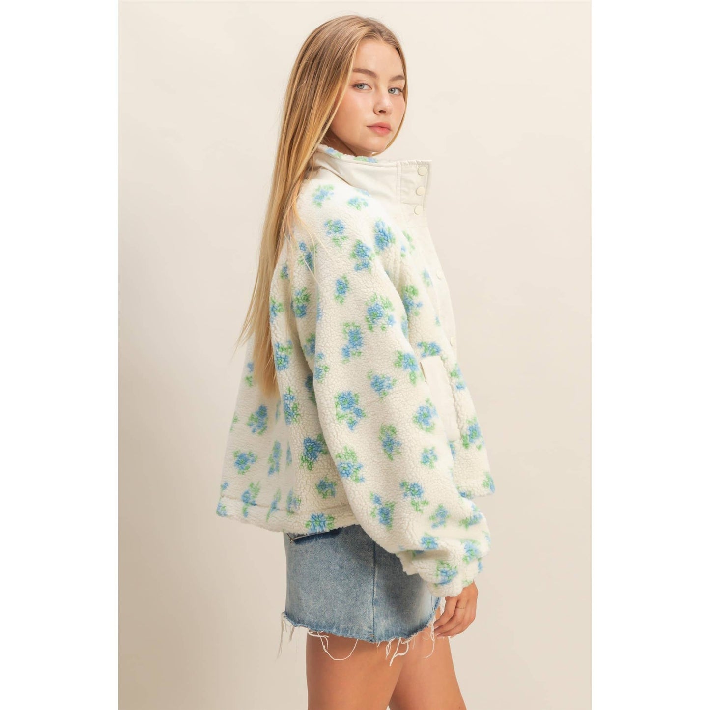 Floral Print Sherpa Zip Up Jacket