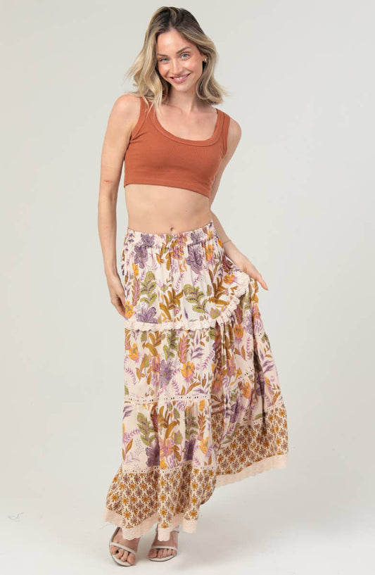 Tiered Side Slit Lace Trim Maxi Skirt