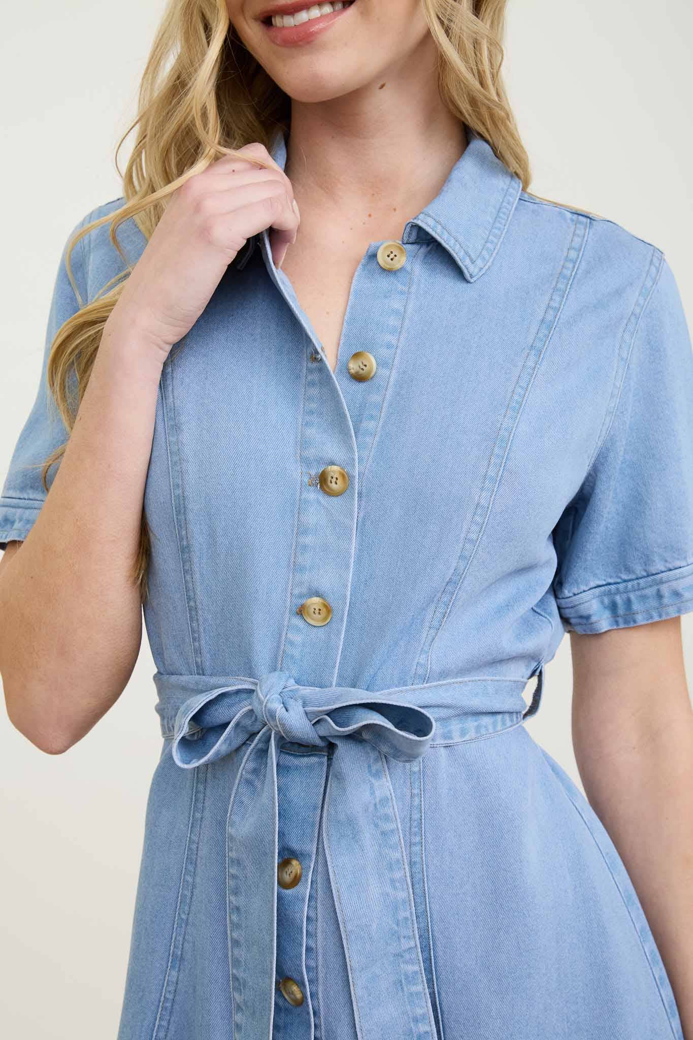 Button Down Tie Waist Denim Dress