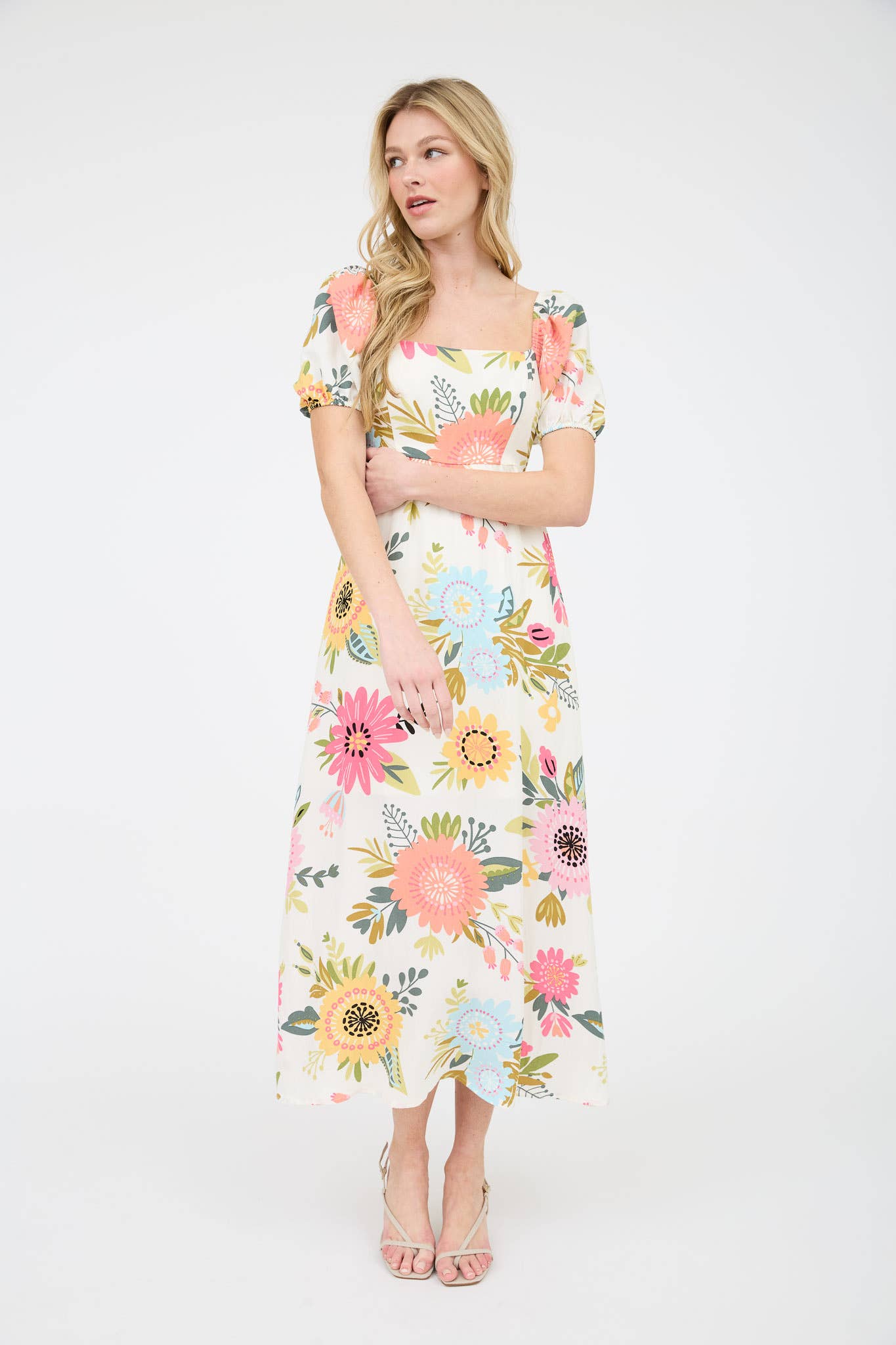 Floral Puff Sleeves Midi Dress