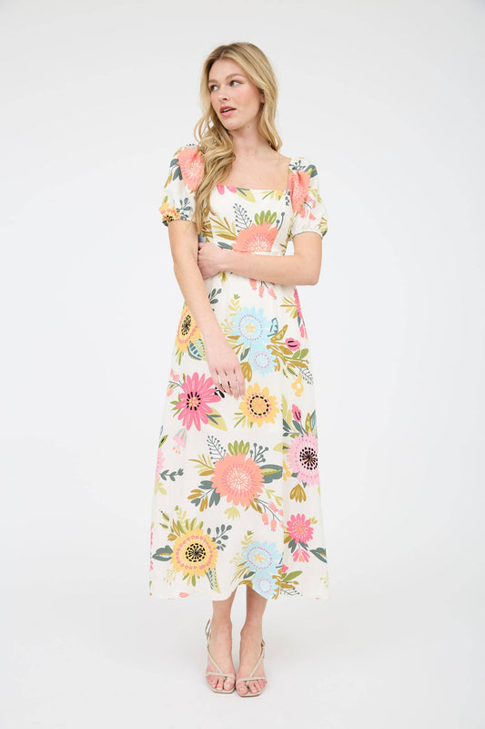 Floral Puff Sleeves Midi Dress