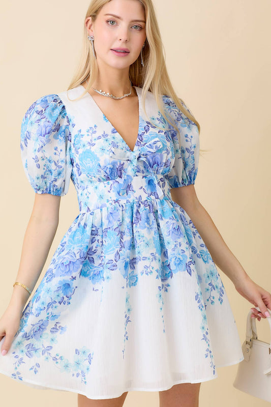 Blue and White Puff Sleeve Floral Print Mini Dress