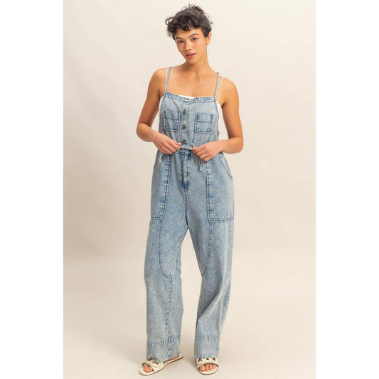 Light Wash Front Pocket Drawstring Denim Jumpsuit