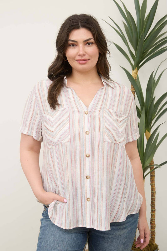 Comfy Stripe Button Down Collared Top