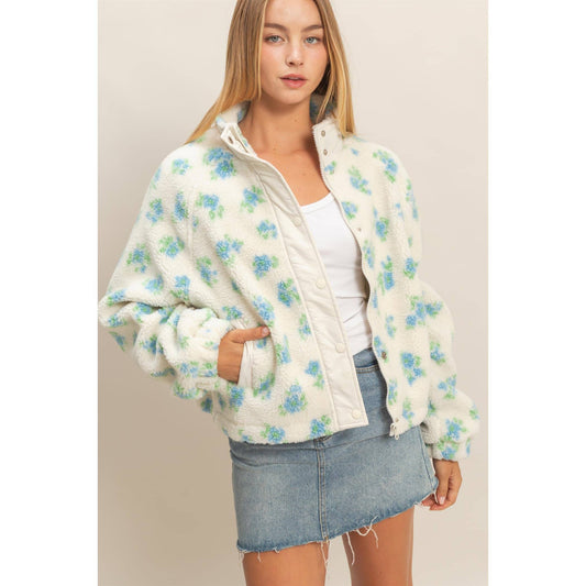 Floral Print Sherpa Zip Up Jacket