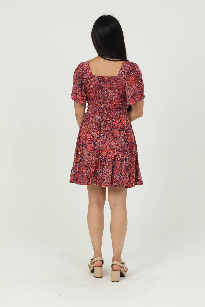 Burgundy Floral Twist Front Cut Out Mini Dress