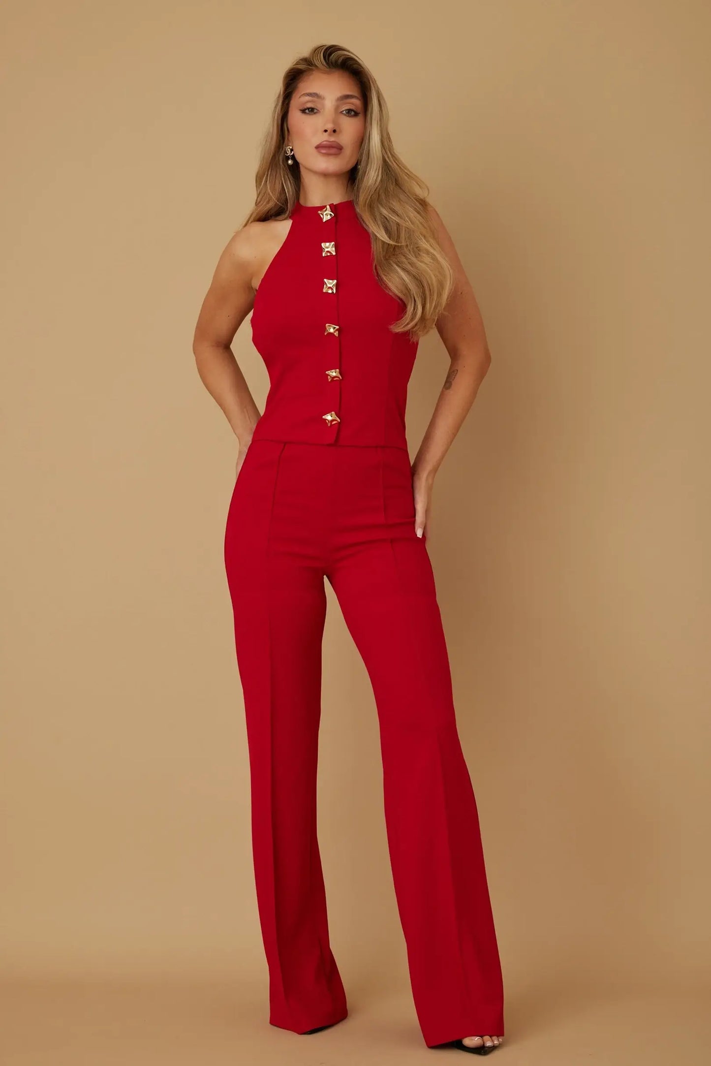 Red Halter Neck Button Front Jumpsuit