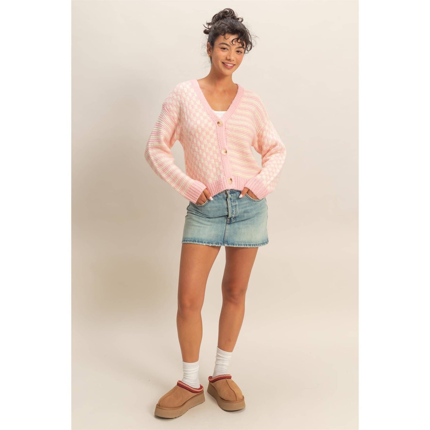 Checker And Stripe Knit Cardigan