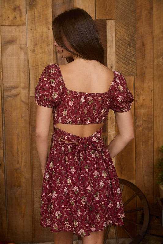 Burgundy Floral Tie Back Mini Dress