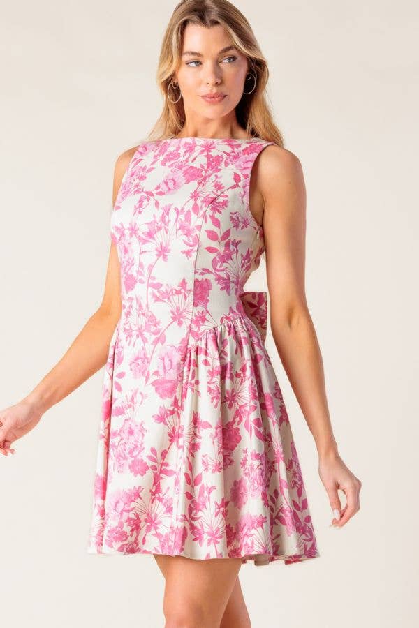 Pink Bow Detail Open back Floral Print Mini Dress