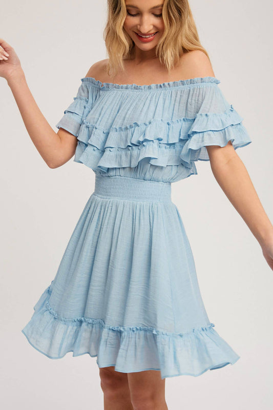 Blue Ruffled Hem Off Shoulder Dress