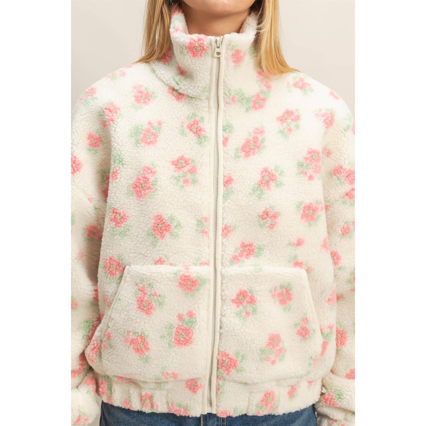 Comfy Floral Print Sherpa Zip-Up Jacket