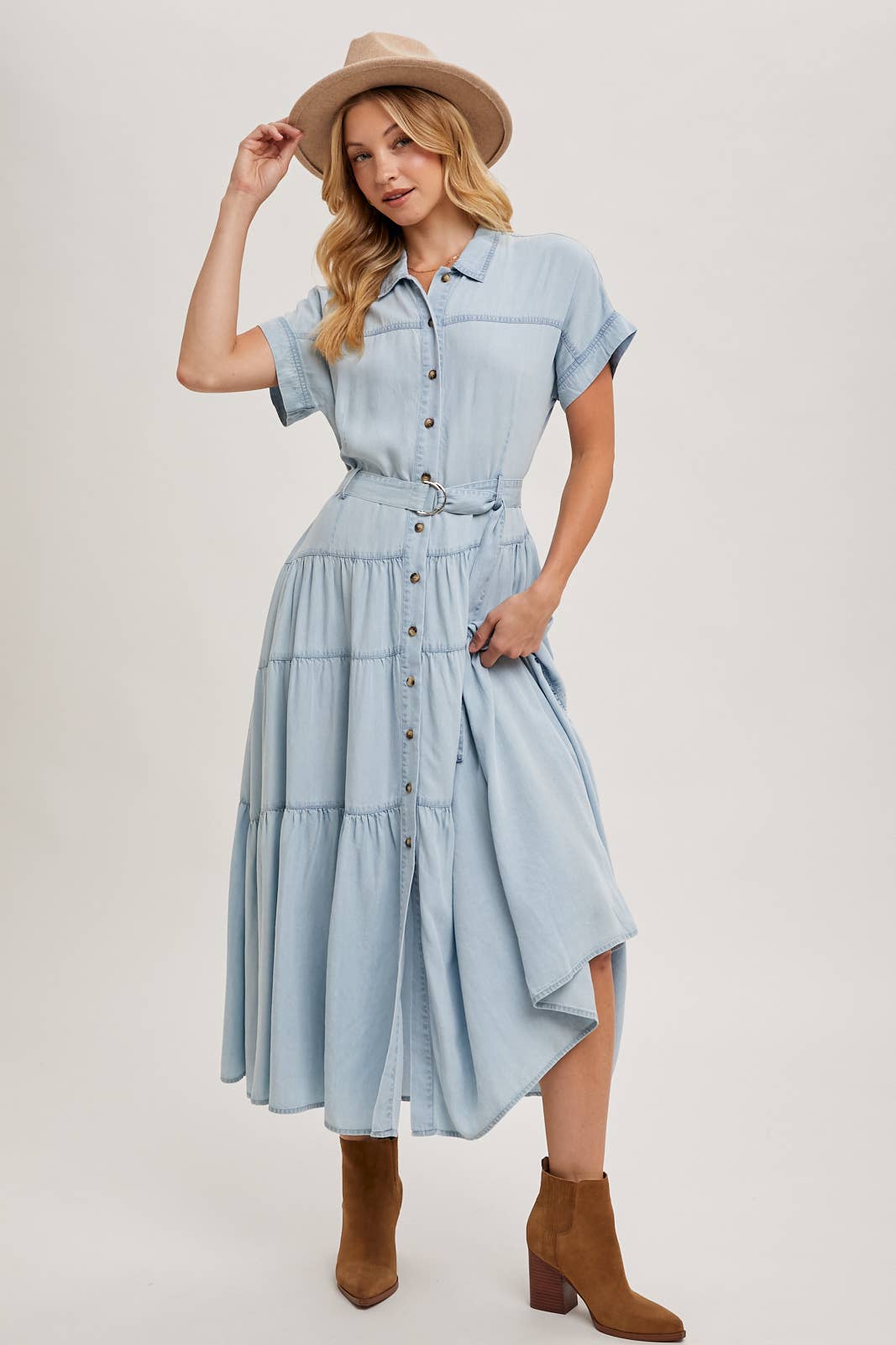 Light Wash Denim Button Front Maxi Dress
