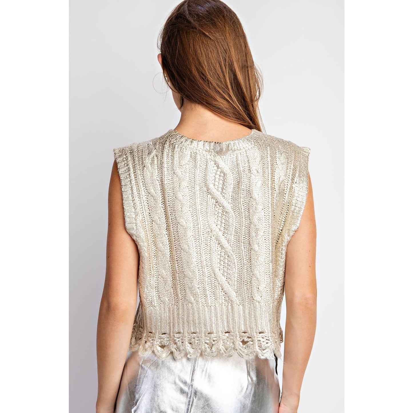 Fringe Hem Metallic Cable Knit Vest