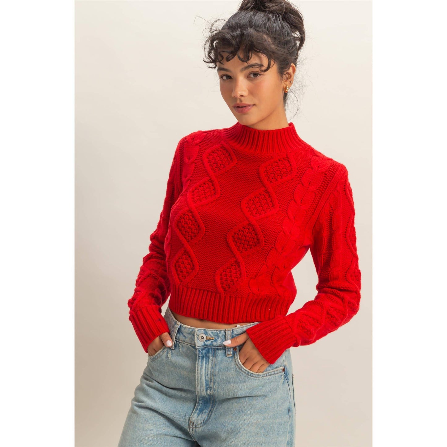 Textured Cable-Knit High Neck Sweater