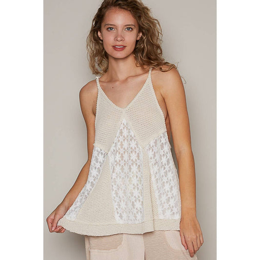 Ivory V-neck Sleeveless Lace Thermal Mixed Knit Top