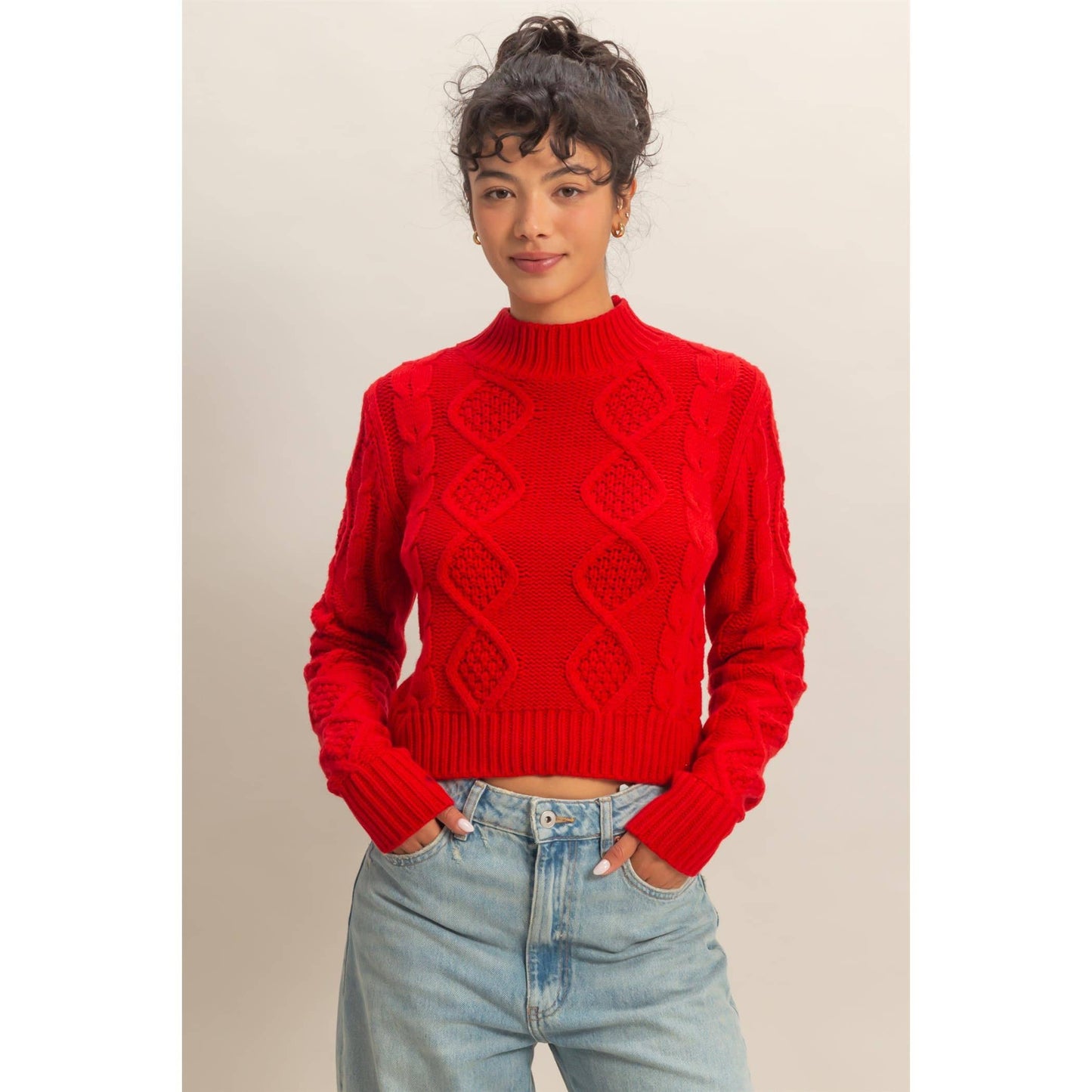 Textured Cable-Knit High Neck Sweater