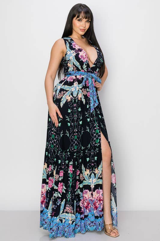 Black Floral Print V Neck Tie Waist Maxi Dress