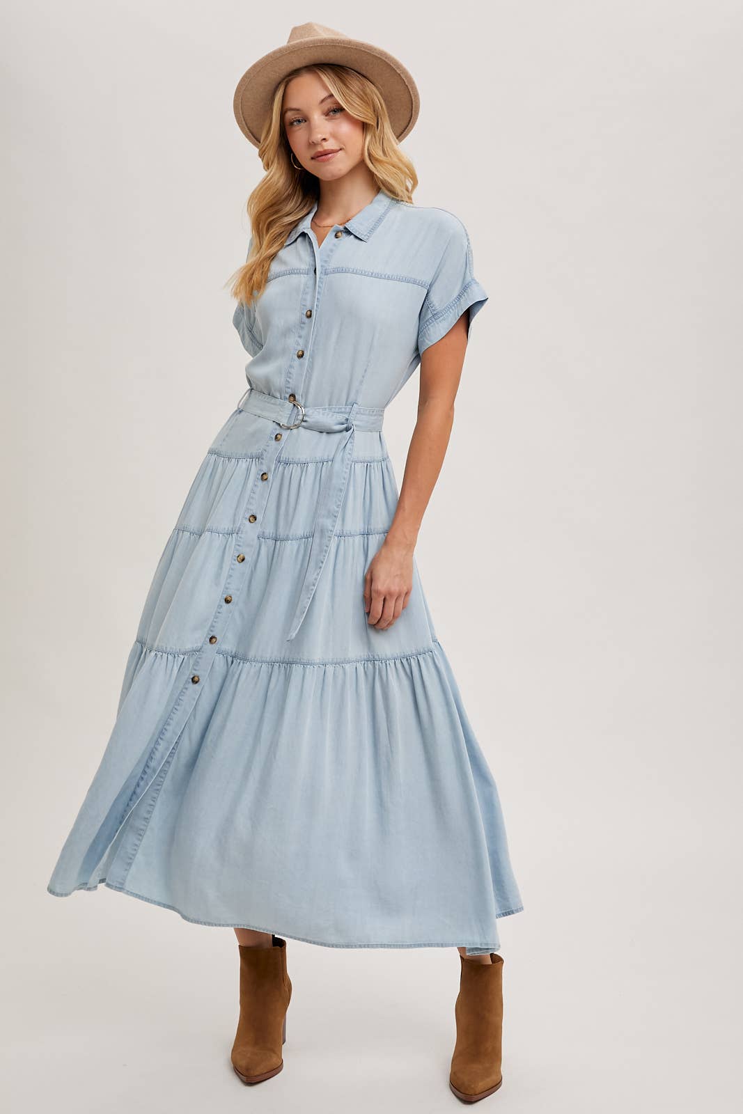 Light Wash Denim Button Front Maxi Dress