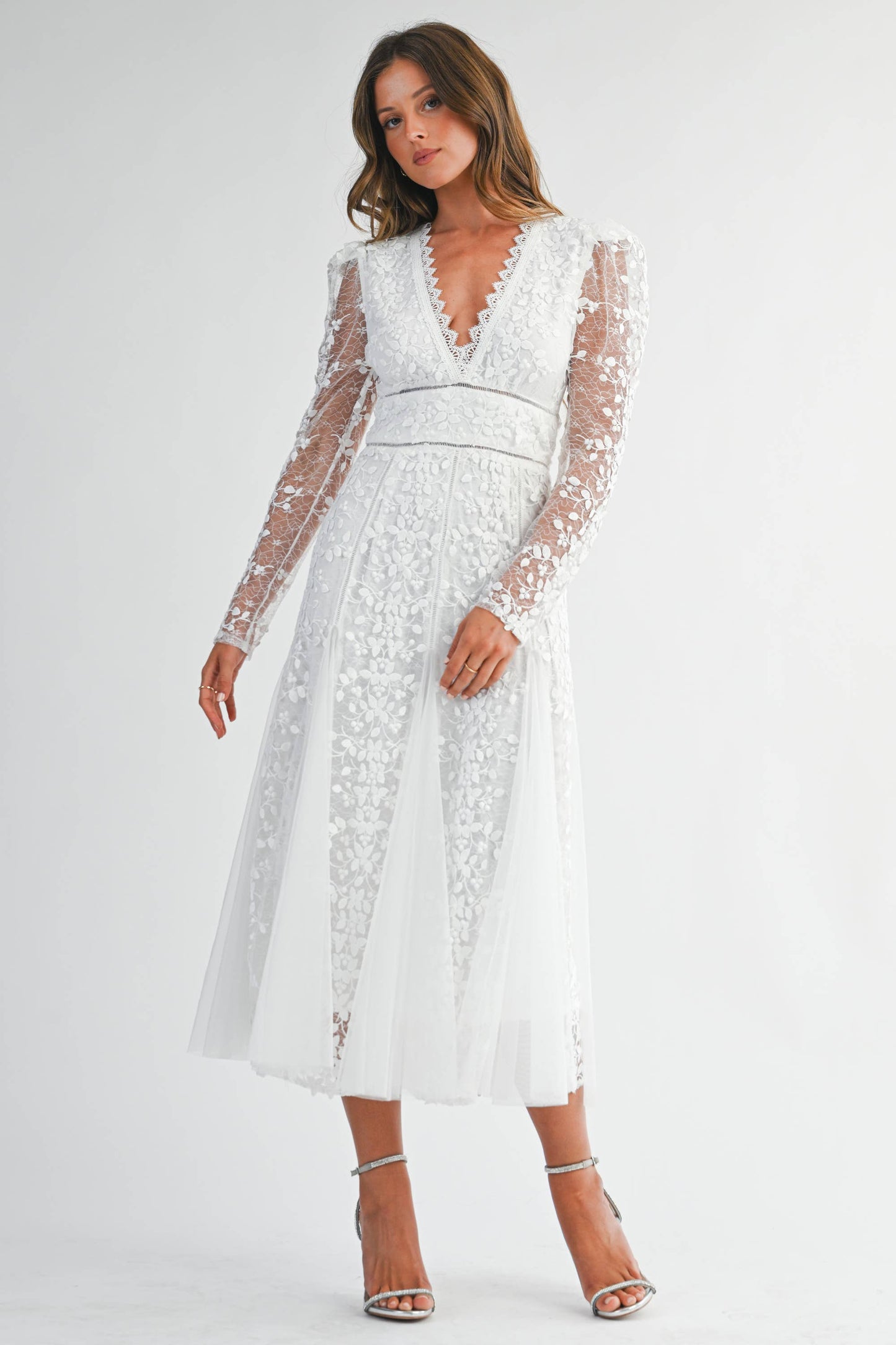 White Floral Embroidered Lace A-Line Dress