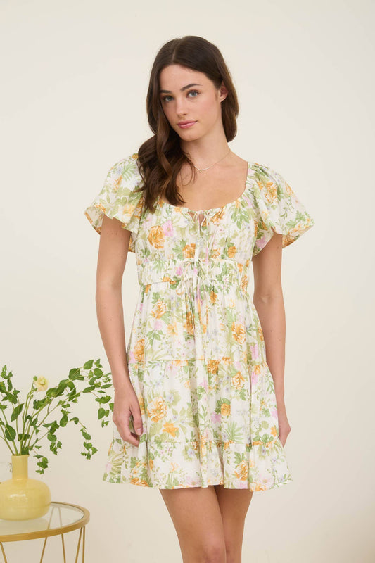 Floral Tie Front Tired Mini Dress