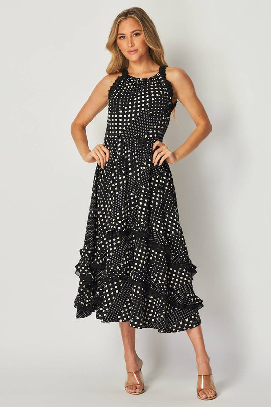 Polka Dot Sleeveless Tiered Midi Dress