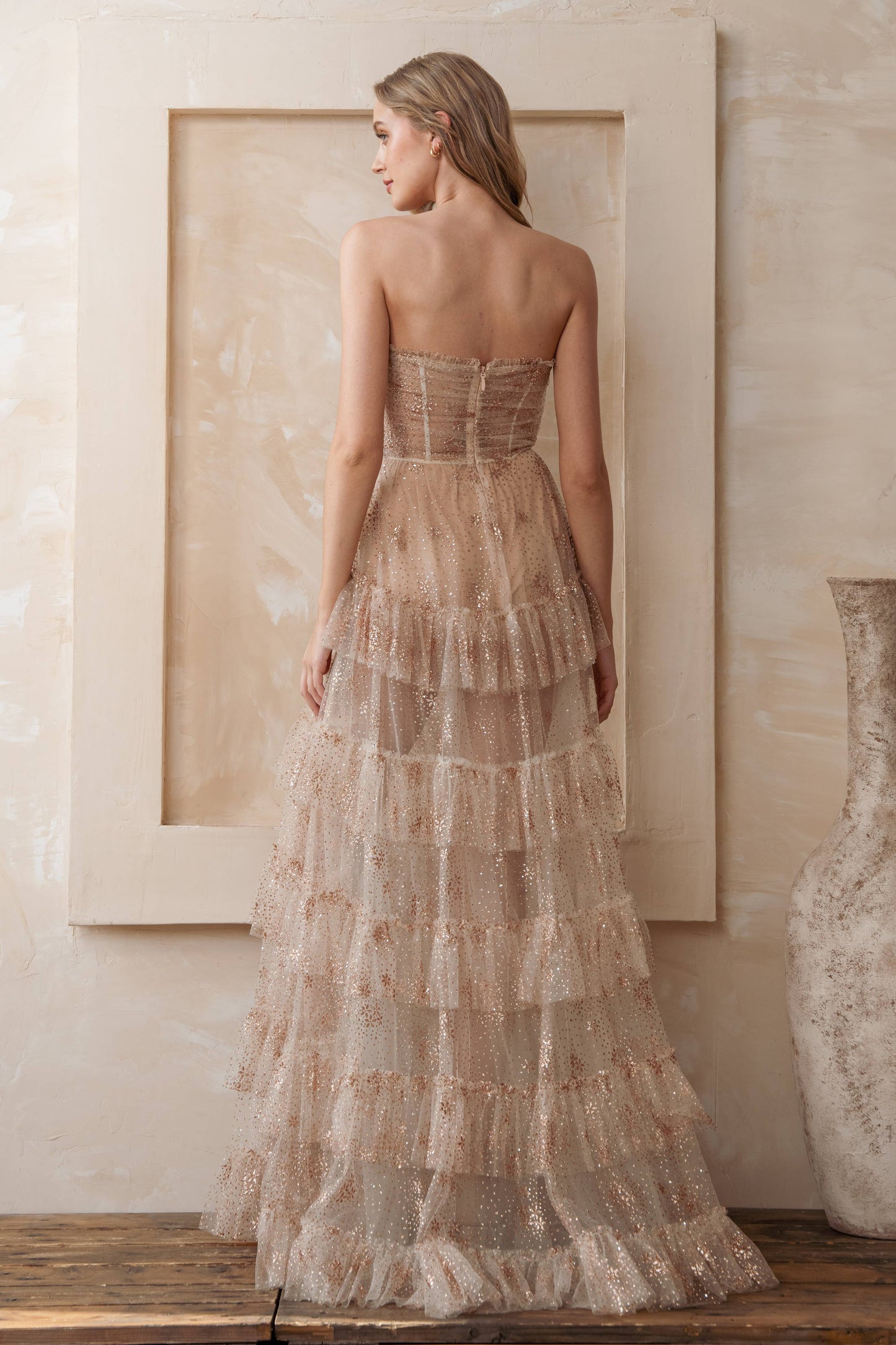 Strapless Glitter Mesh Tiered Gown