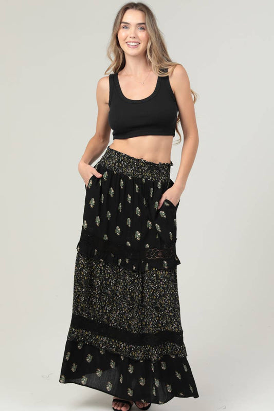 Lace Trim Maxi Skirt with Pockets
