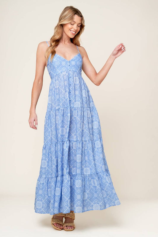 Blue Printed Sleeveless Maxi Dress