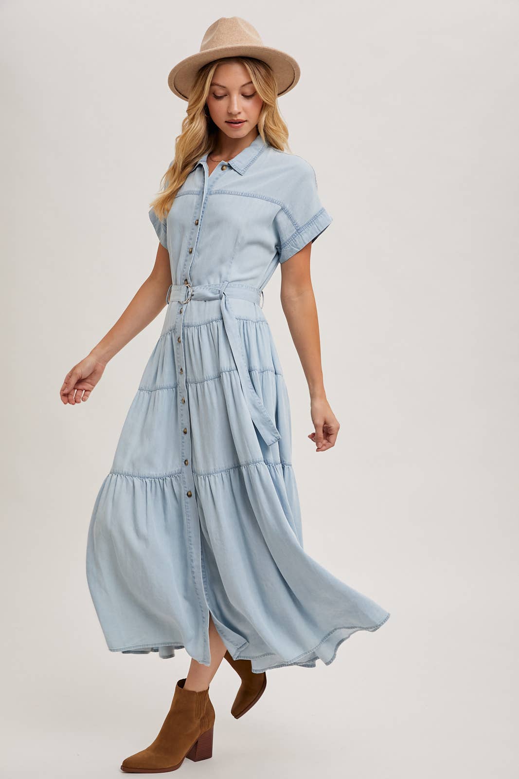 Light Wash Denim Button Front Maxi Dress