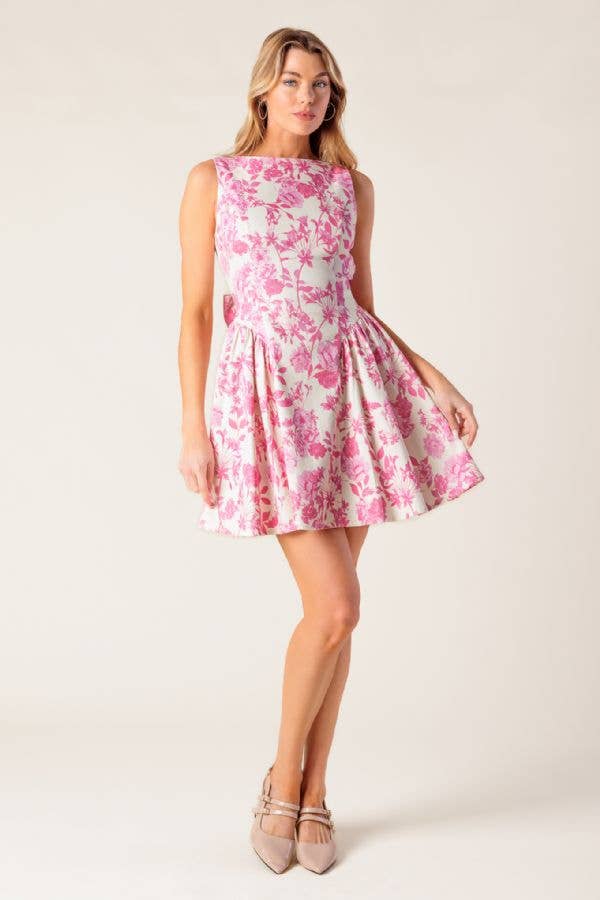 Pink Bow Detail Open back Floral Print Mini Dress